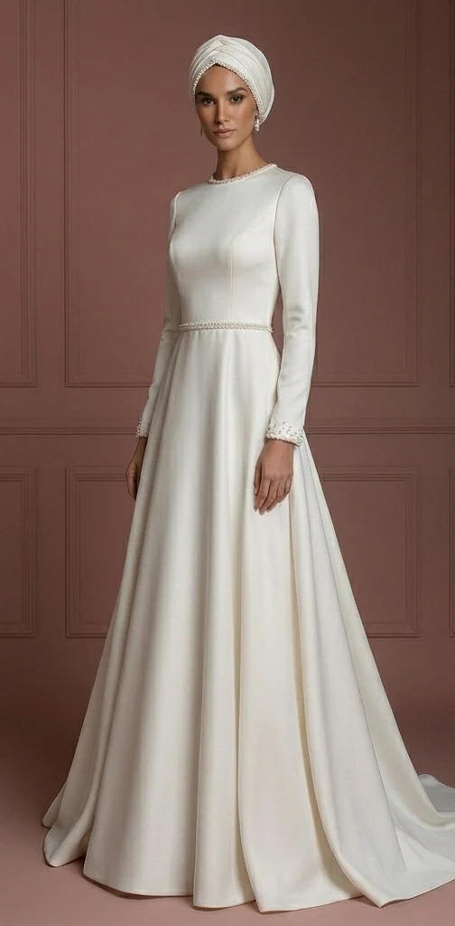 Minimalist Silk A-Line – Modest Muslim Wedding Dress for Nikah - Image 2