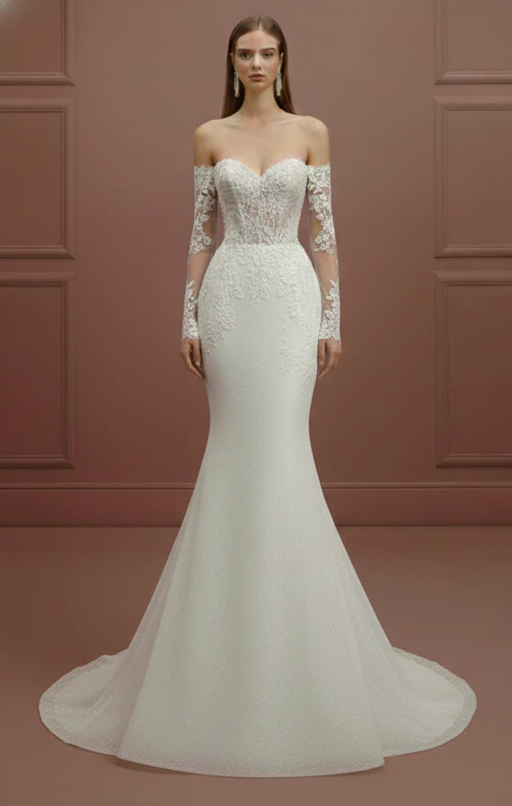Stretch Crepe Sleeve Wedding Dress Long Simple Bodycon Gown - Image 2
