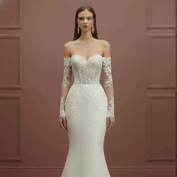 Stretch Crepe Sleeve Wedding Dress Long Simple Bodycon Gown - Image 4