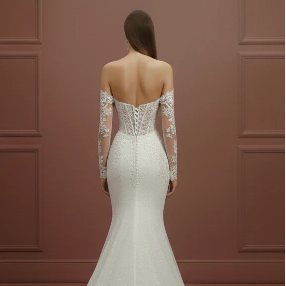 Stretch Crepe Sleeve Wedding Dress Long Simple Bodycon Gown - Image 5