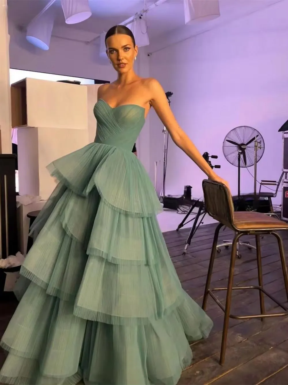 Mint Green Prom Dresses Organza Strapless A-Line Tiered Layered Skirt Pleat Ruched Floor Length Women Party Gowns - Image 3
