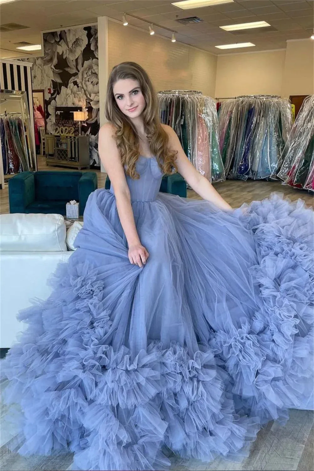Misty Blue Prom Dresses Ball Gown Tulle Vestidos De Fiesta Graceful Off Shoulder Multilayer Graduation Party Dress - Image 3