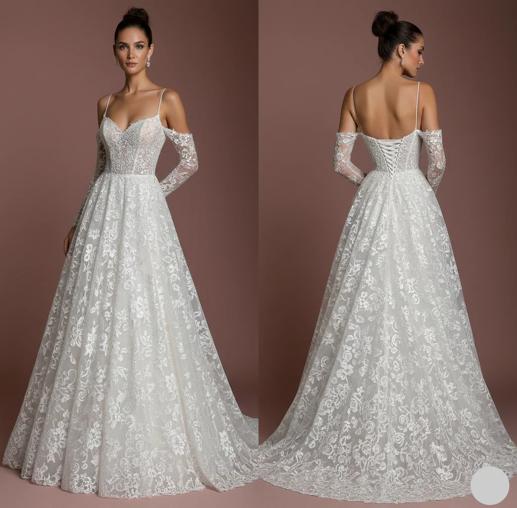 Champagne Lace Wedding Dress Vintage Long Aesthetic Romantic