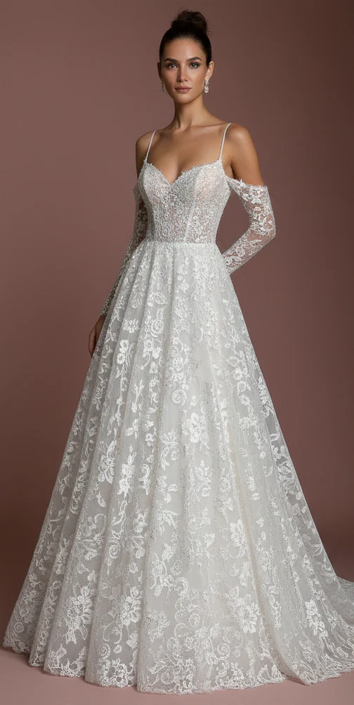 Champagne Lace Wedding Dress Vintage Long Aesthetic Romantic - Image 2