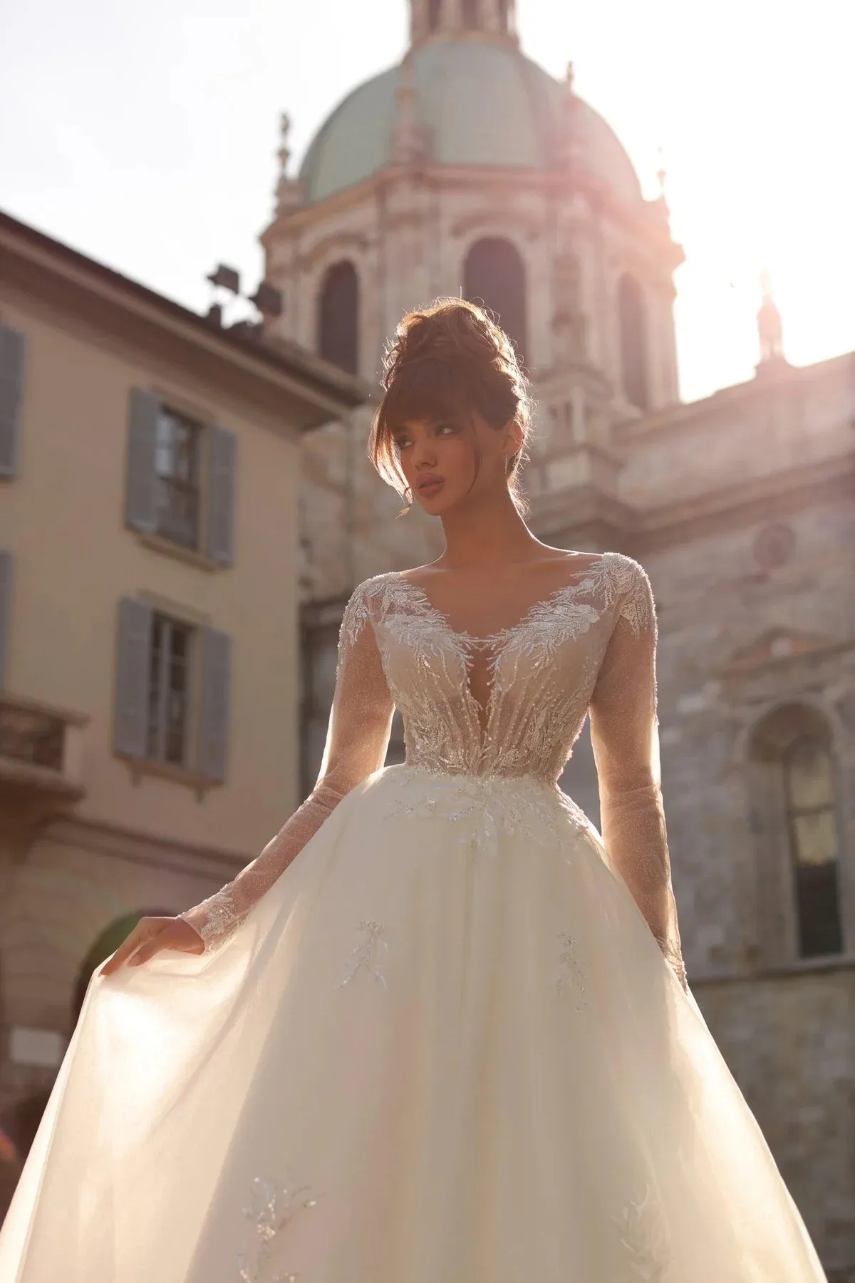 Modern A-line Wedding Gown For Bride Long Sleeve V-Neck Lace Appliques Illusion Button Robe De Mariée - Image 2