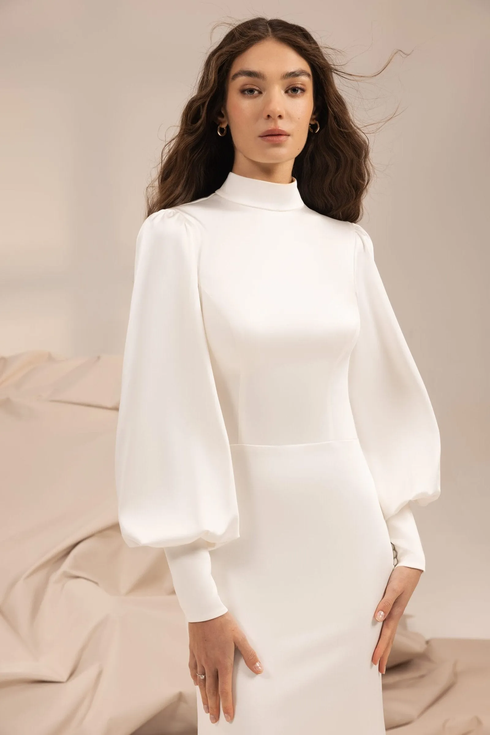 Modern Minimalist Wedding Dress with Sleek Satin, High Neckline & Elegant Open Back with Delicate Button Details for a Sophisticated Bridal Look - Image 3