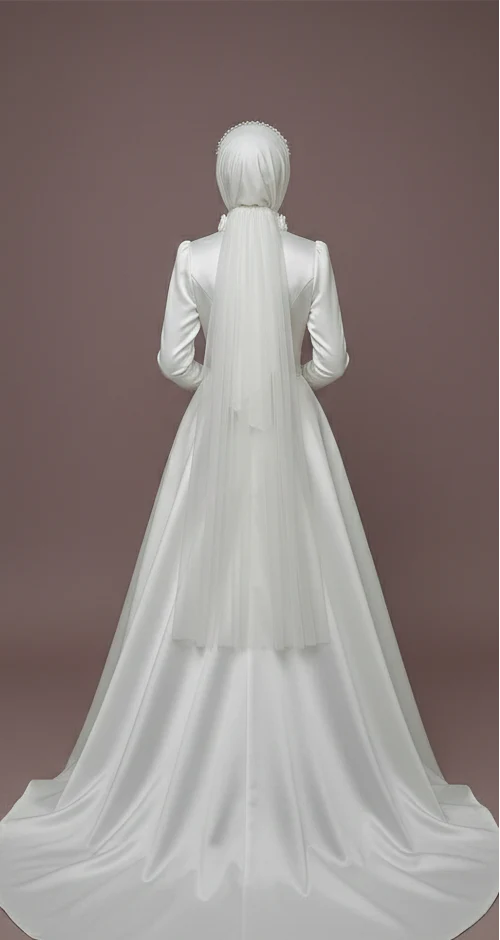 Modest Satin Ball Gown Wedding Dress Muslim Royal High Neckline - Image 3