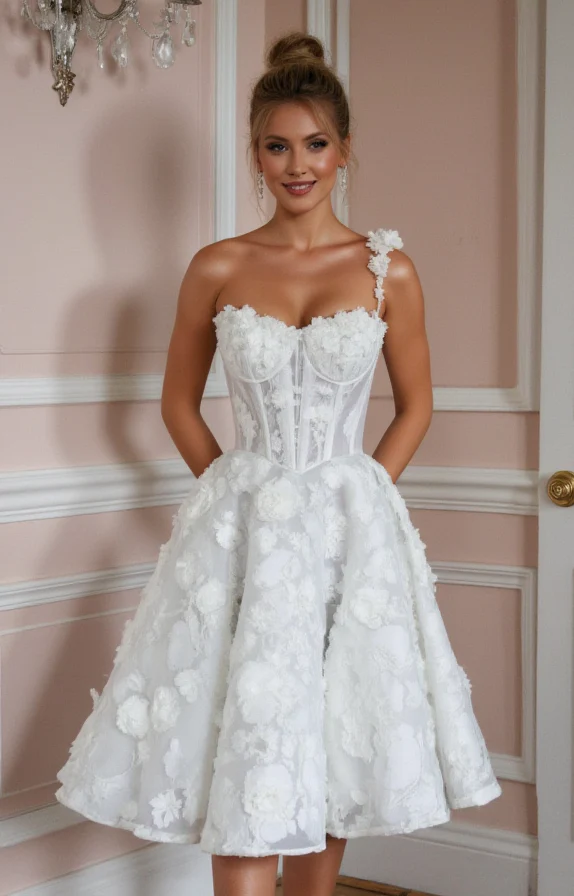 Modern Short Wedding Dress and Mini Dress with a One-Shoulder Design - Image 2