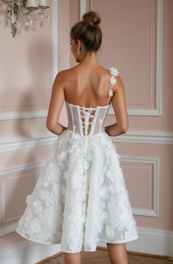Modern Short Wedding Dress and Mini Dress with a One-Shoulder Design - Image 3