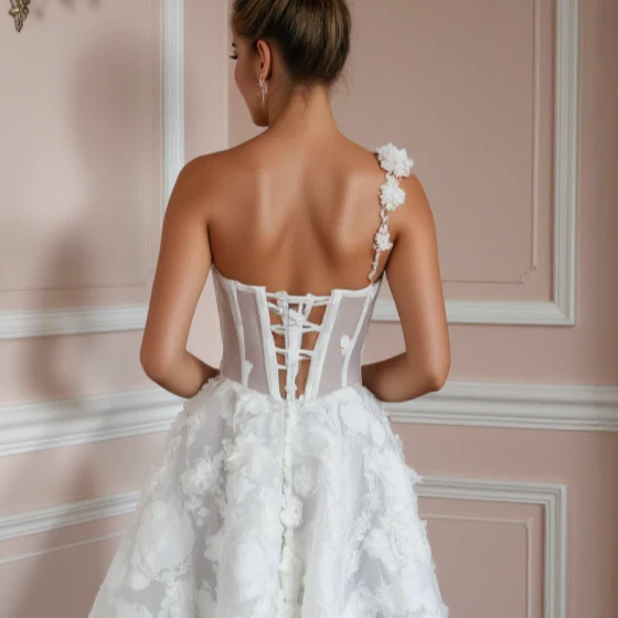 Modern Short Wedding Dress and Mini Dress with a One-Shoulder Design - Image 5