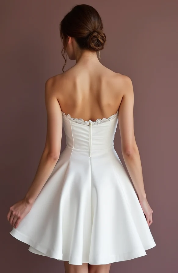 Modern Short Wedding Dress and Mini Dress with a Sleek Strapless Bodice - Image 3