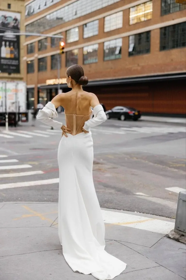 Modern Sweetheart Wedding Gown For Bride Straight Long Sleeve Pleat Illusion Backless Zipper Robe De Mariée Customised - Image 3