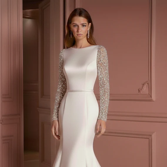 Vintage Lace Wedding Dress High Neck Long Sleeve Bridal - Image 4