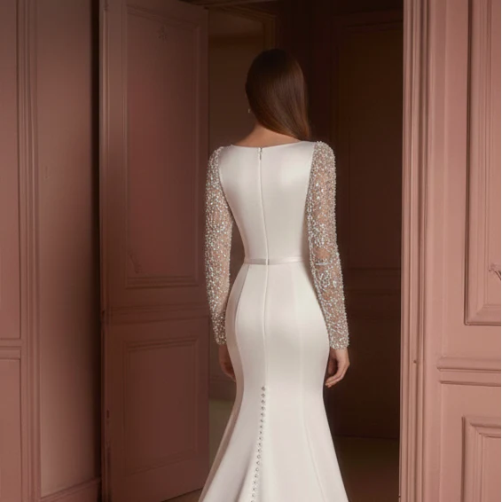 Vintage Lace Wedding Dress High Neck Long Sleeve Bridal - Image 5