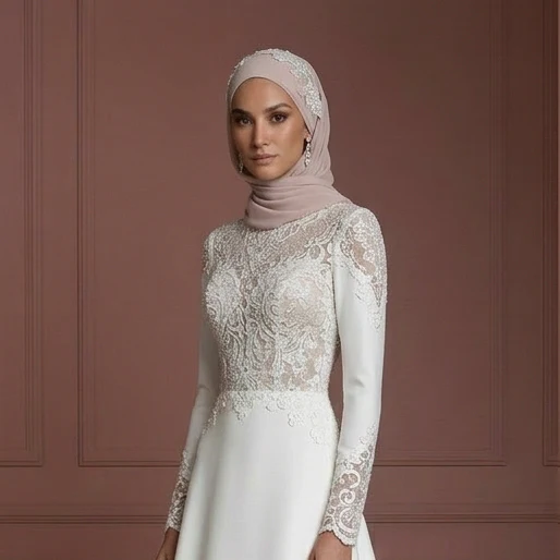 Modest Hijab Bridal Gown For Muslim Bride Elegant Style Wedding Dress - Image 4