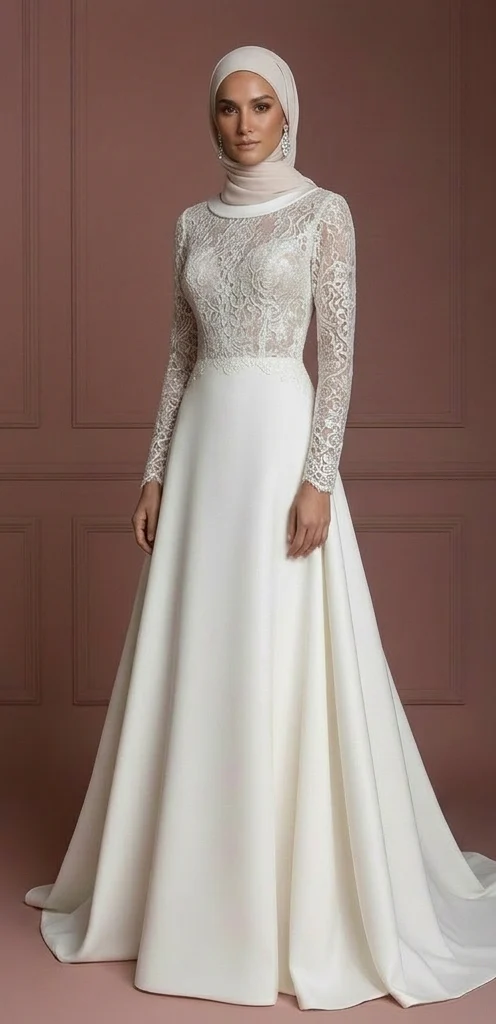 Modest Hijab Wedding Dress With Train Bridal Gown Muslim - Image 2