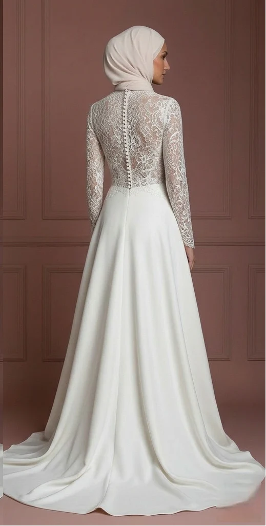 Modest Hijab Wedding Dress With Train Bridal Gown Muslim - Image 3