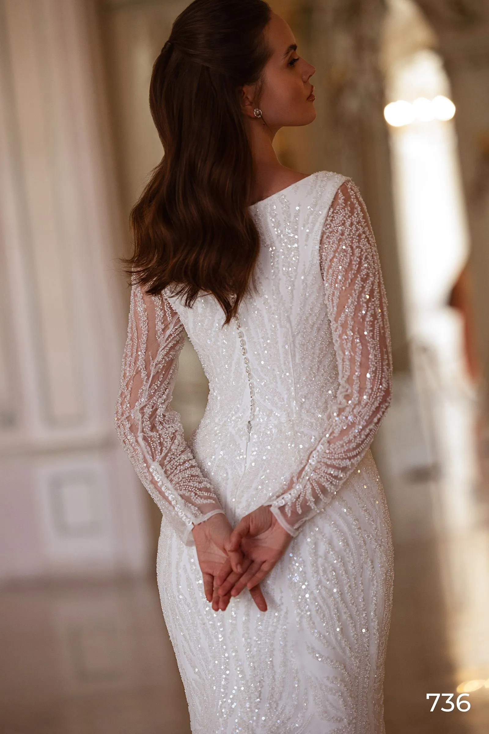 Modest Long Sleeve Bridal Dress Sparkly Sequins Beads Wedding Gown - Image 3