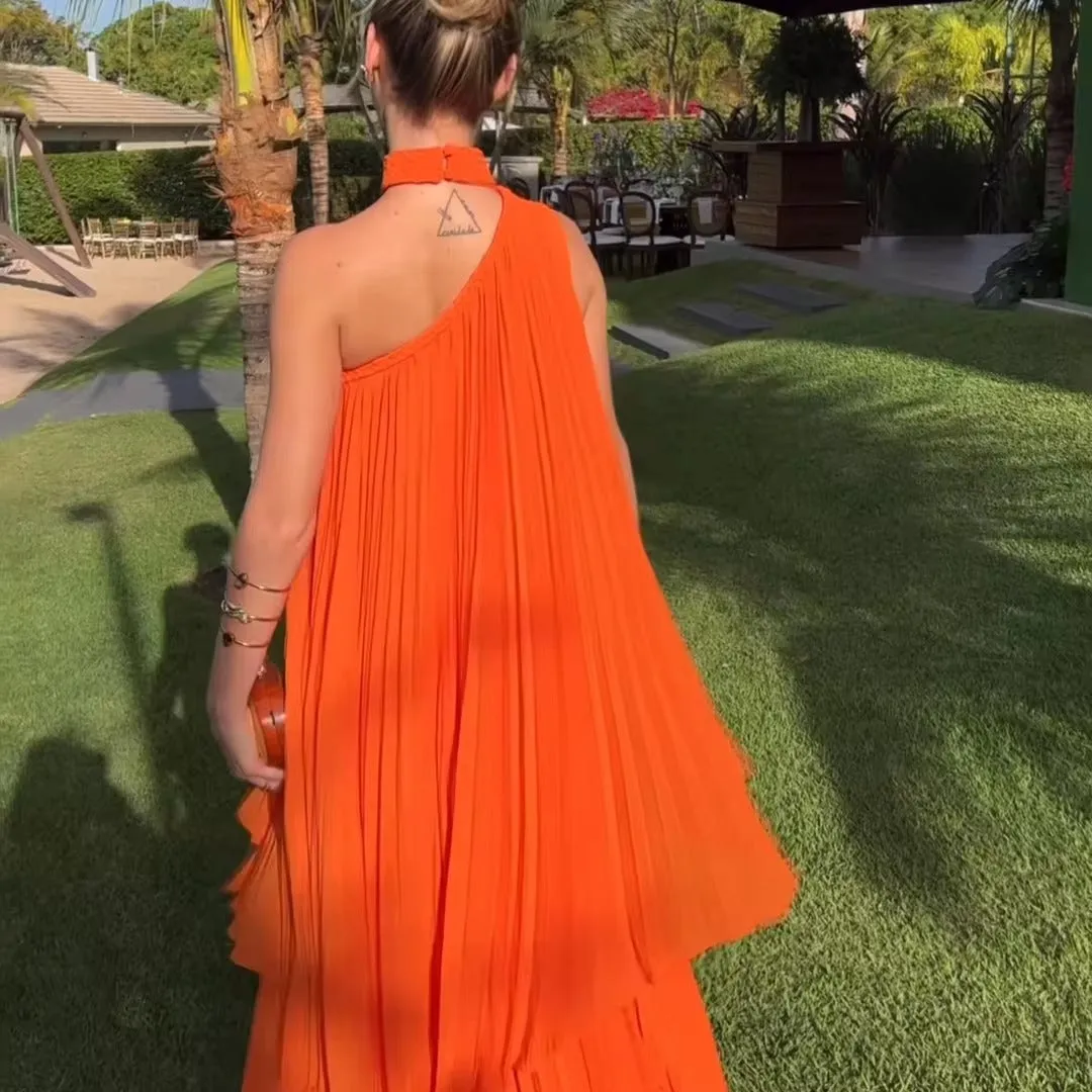 Modest Orange Chiffon Evening Dresses Halter Tiered Pleated Sleeveless Prom Dress Floor Length Vestidos De Gala - Image 3