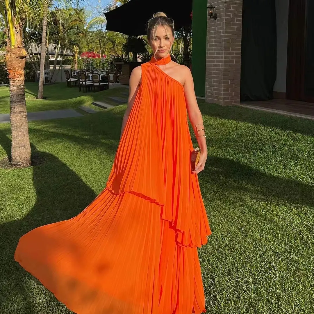 Modest Orange Chiffon Evening Dresses Halter Tiered Pleated Sleeveless Prom Dress Floor Length Vestidos De Gala - Image 4