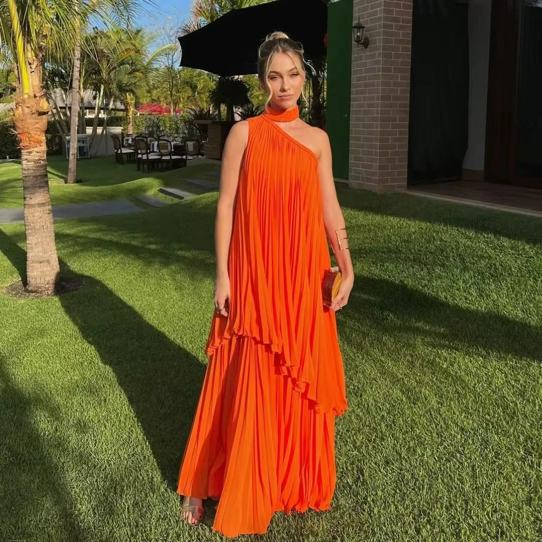 Modest Orange Chiffon Evening Dresses Halter Tiered Pleated Sleeveless Prom Dress Floor Length Vestidos De Gala - Image 5