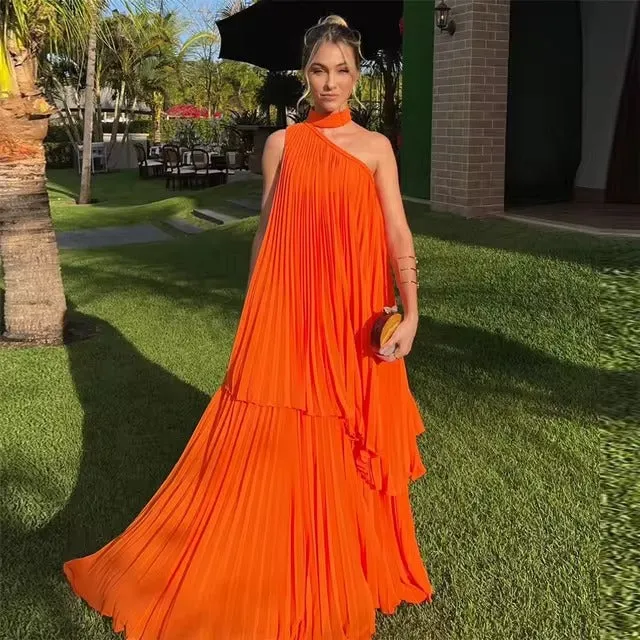 Modest Orange Chiffon Evening Dresses Halter Tiered Pleated Sleeveless Prom Dress Floor Length Vestidos De Gala - Image 6