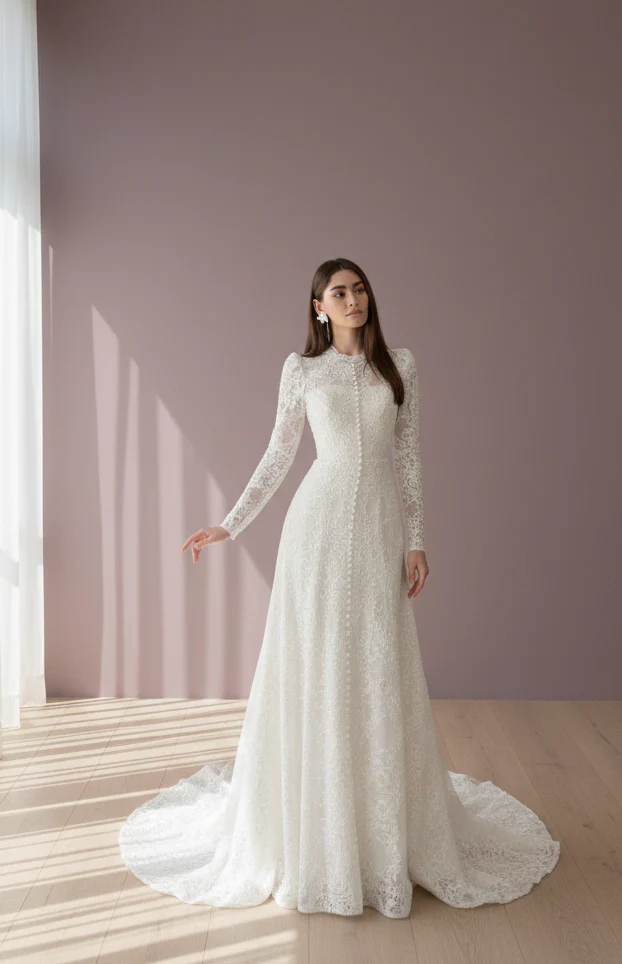High Neck Lace Wedding Dress Modest Muslim Style Floral Bridal - Image 3