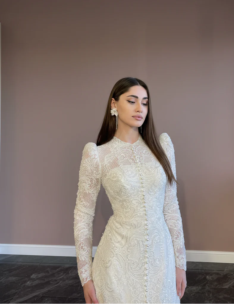 High Neck Lace Wedding Dress Modest Muslim Style Floral Bridal - Image 4