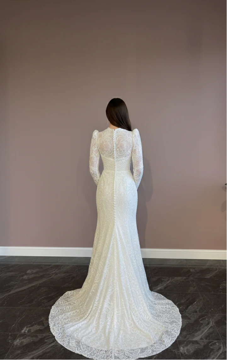 High Neck Lace Wedding Dress Modest Muslim Style Floral Bridal - Image 5