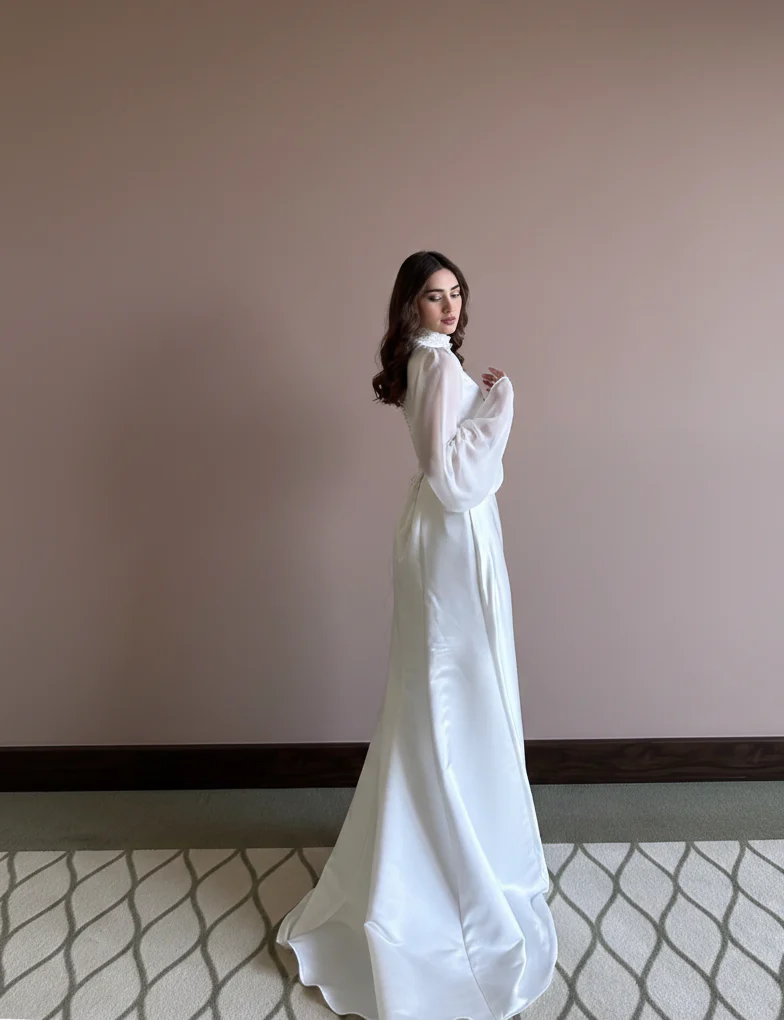 Traditional Muslim Mermaid Wedding Dress Modest High Neckline Gown - Image 2