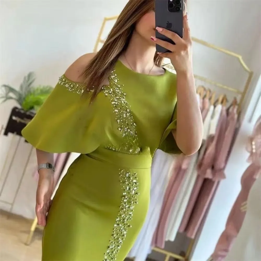 Modest Saudi Arabic Evening Dresses O-Neck Cap Sleeves Sequined Side Slit Dubai Women Party Prom Dresses Dubai - Image 4