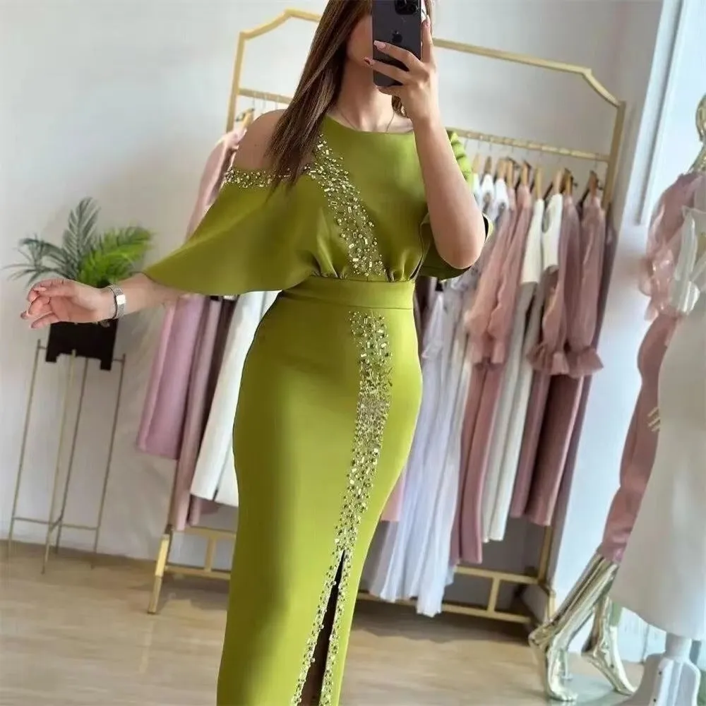Modest Saudi Arabic Evening Dresses O-Neck Cap Sleeves Sequined Side Slit Dubai Women Party Prom Dresses Dubai - Image 5
