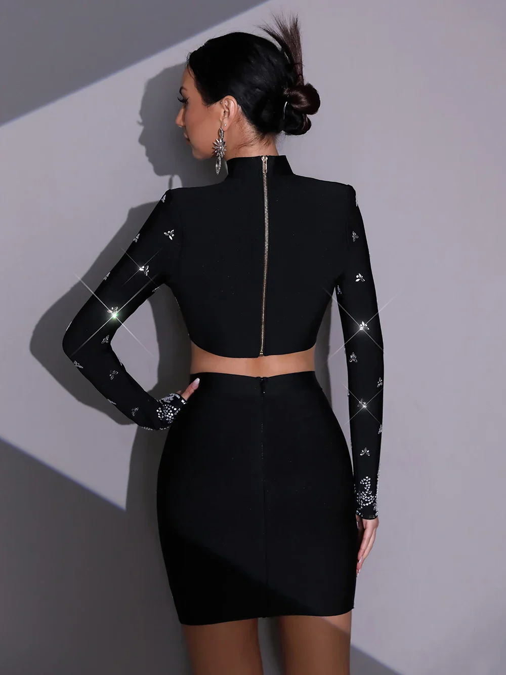 Modphy Black Yellow Rhinestone Bandage Two-Piece Set Women Long Sleeve Sexy Short Tops Bodycon Skirt Mini Sets Fashion Outfit - Image 6