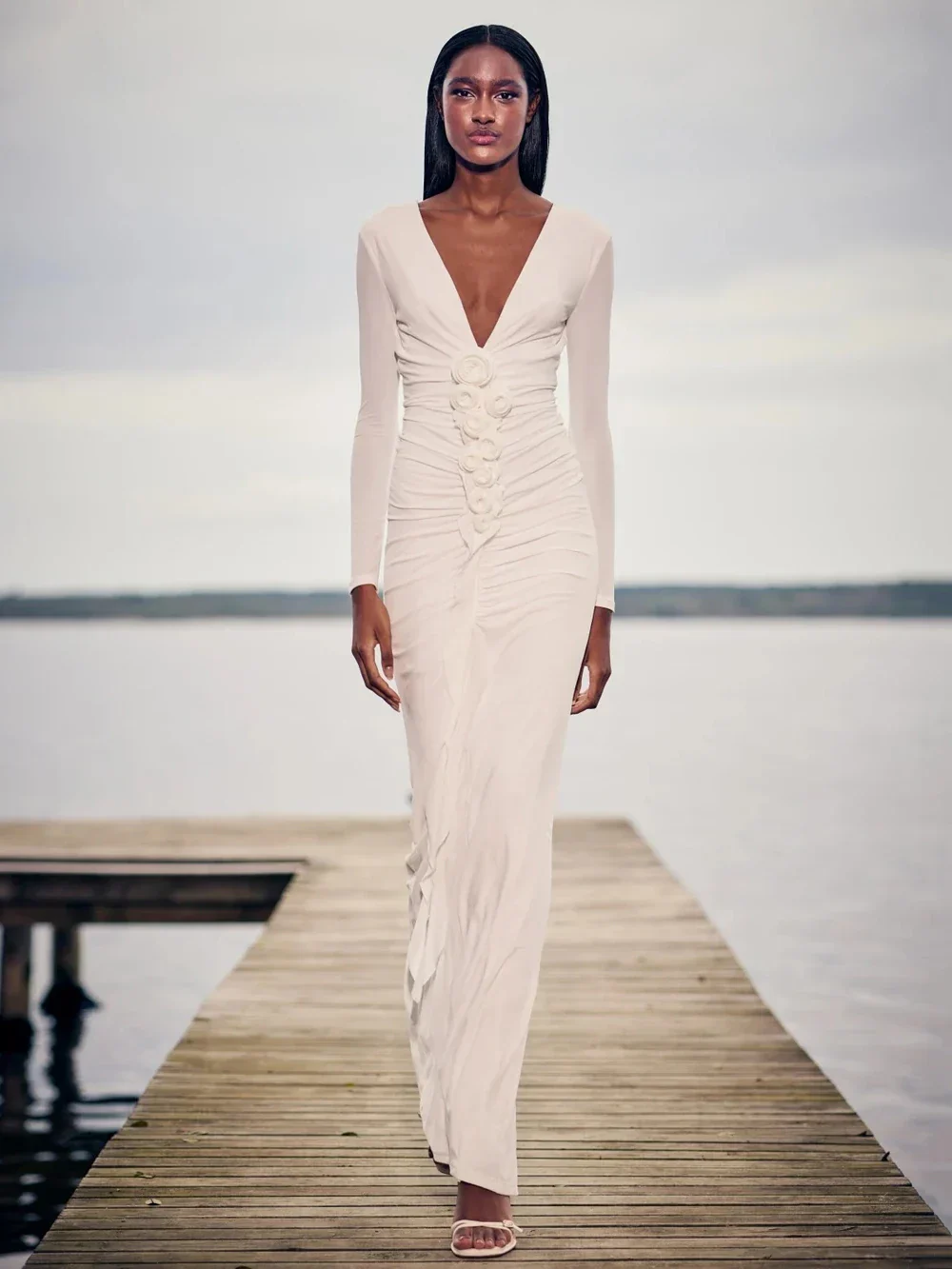 Modphy Sexy V-neck splicing 3D Flower Fold Tight Long Dress Women Long sleeves Solid White Party Evening Wedding Gowns - Image 5