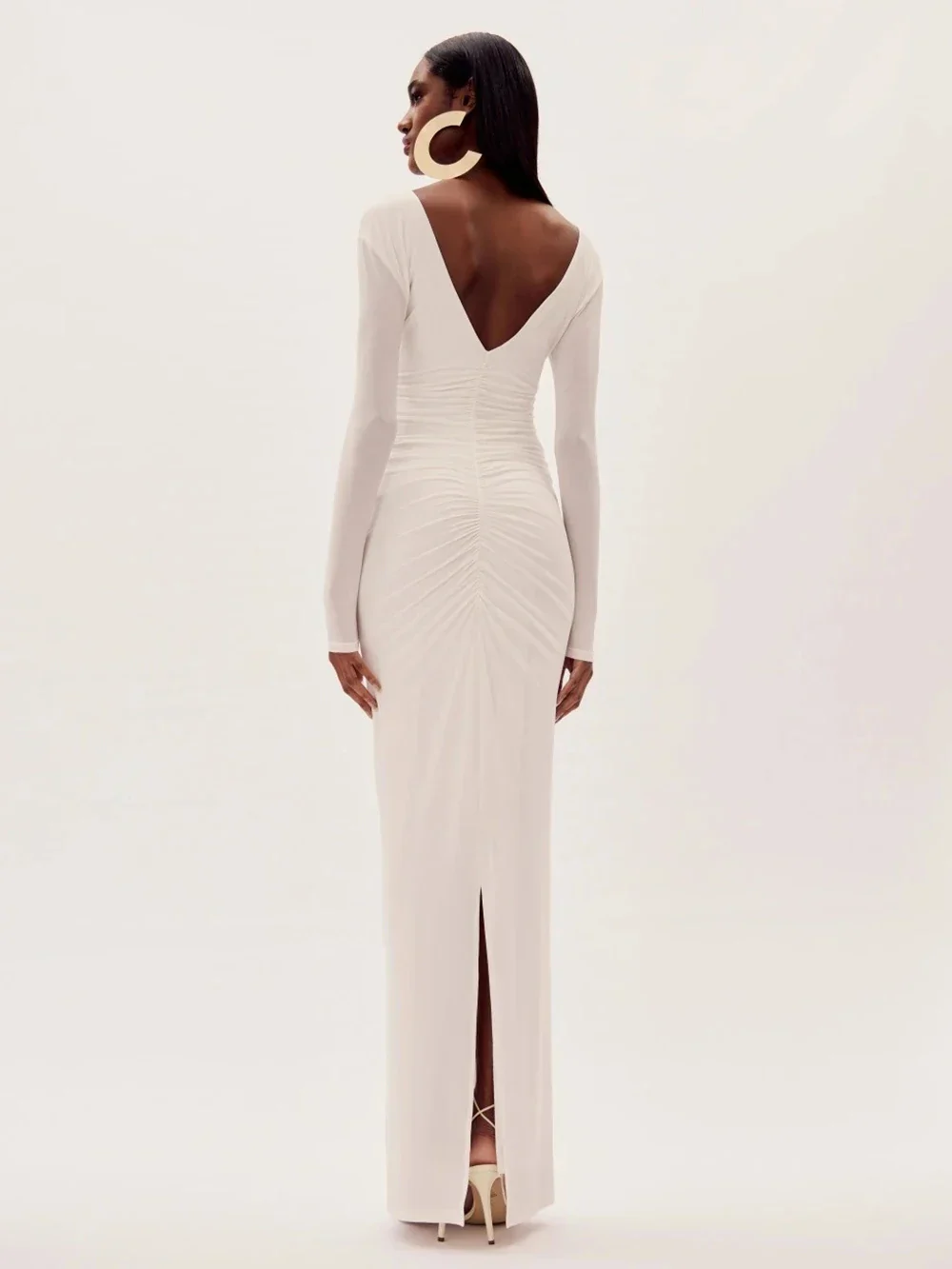 Modphy Sexy V-neck splicing 3D Flower Fold Tight Long Dress Women Long sleeves Solid White Party Evening Wedding Gowns - Image 6
