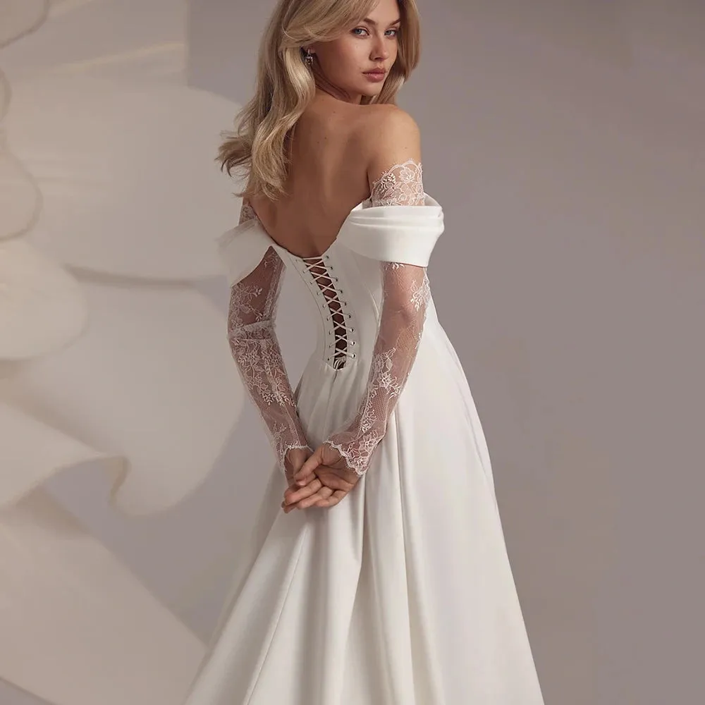 Morden Side Silt Wedding Dresses With Lace For Woman Exquisite Sweetheart Neck Bridal Gowns With Illusion Sleeves - Image 5
