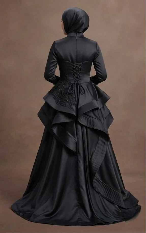 Muslim Prom Dress Black Satin Full Coverage Modest Prom - Image 3
