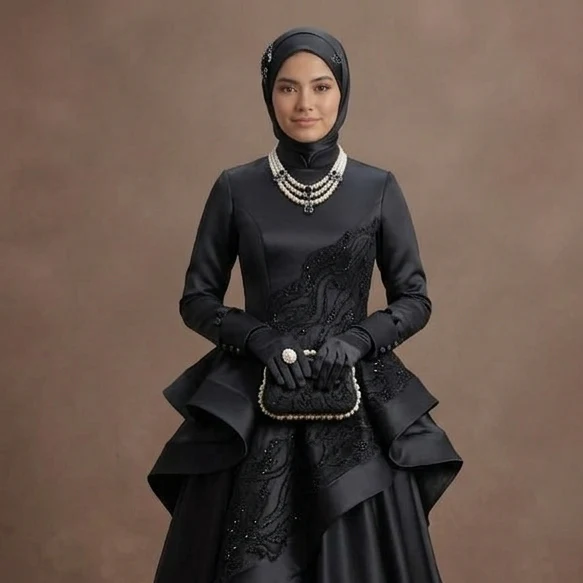 Muslim Prom Dress Black Satin Full Coverage Modest Prom - Image 4