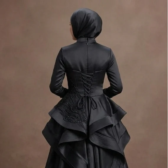 Muslim Prom Dress Black Satin Full Coverage Modest Prom - Image 5