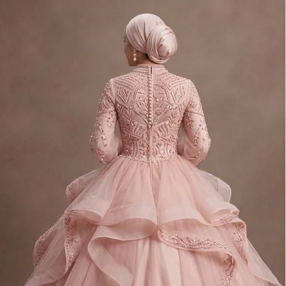 Muslim Prom Dress Blush Pink Tulle Long Sleeve Princess Prom - Image 5