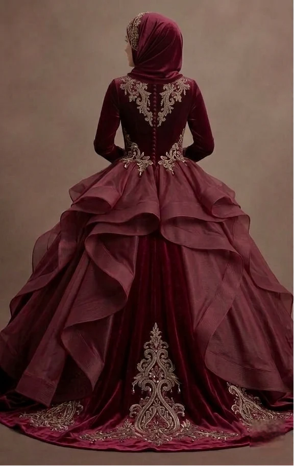 Muslim Prom Dress Burgundy Velvet Long Sleeve Formal Prom - Image 3