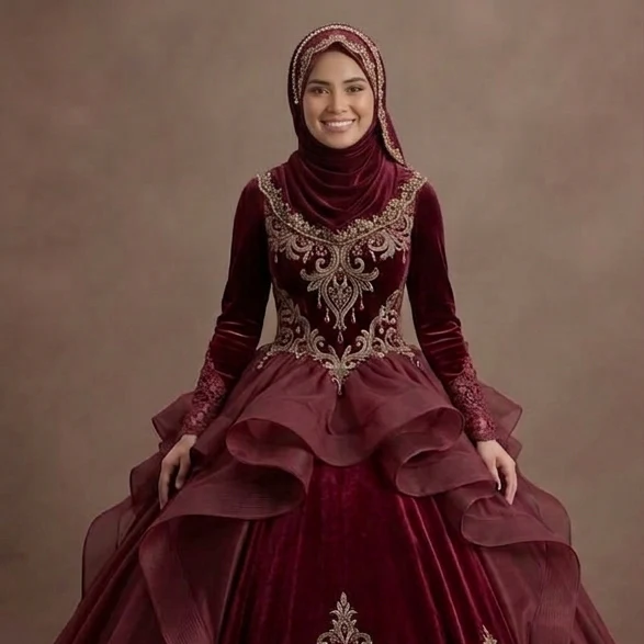 Muslim Prom Dress Burgundy Velvet Long Sleeve Formal Prom - Image 4