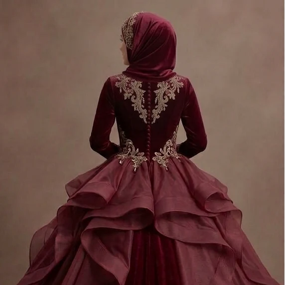 Muslim Prom Dress Burgundy Velvet Long Sleeve Formal Prom - Image 5