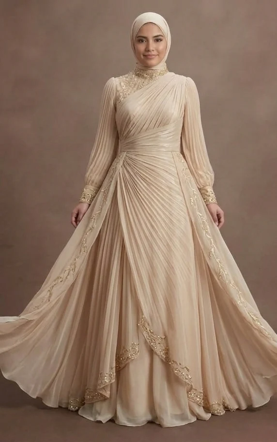 Muslim Prom Dress Champagne Chiffon Flowing Modest Prom - Image 2