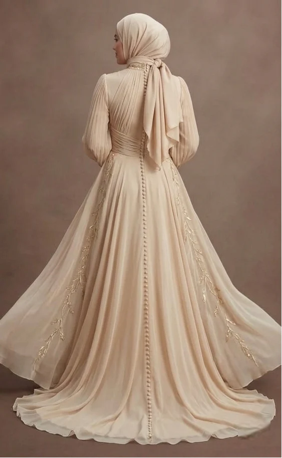 Muslim Prom Dress Champagne Chiffon Flowing Modest Prom - Image 3