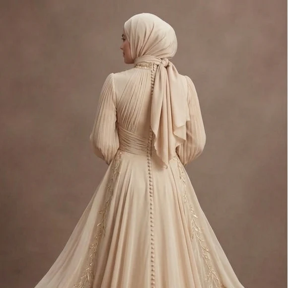 Muslim Prom Dress Champagne Chiffon Flowing Modest Prom - Image 5
