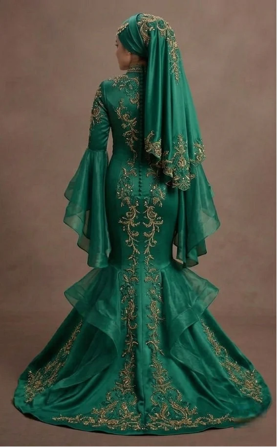 Muslim Prom Dress Emerald Green Satin Long Sleeve Modest Prom - Image 3