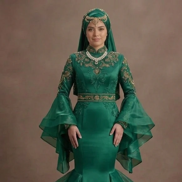 Muslim Prom Dress Emerald Green Satin Long Sleeve Modest Prom - Image 4