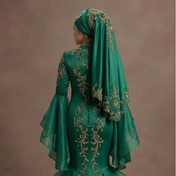 Muslim Prom Dress Emerald Green Satin Long Sleeve Modest Prom - Image 5