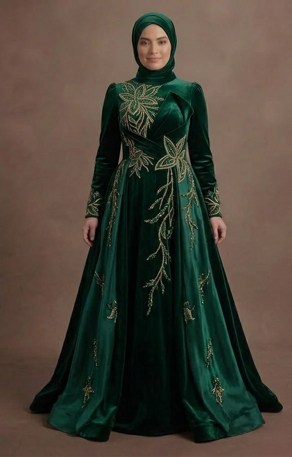 Muslim Prom Dress Forest Green Velvet A-Line Modest Prom - Image 2